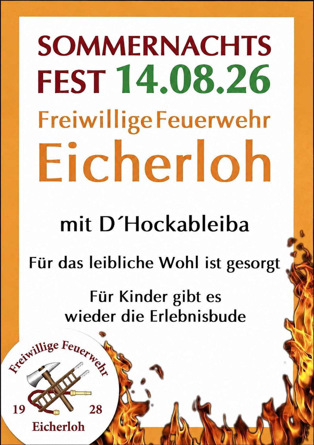 Plakat Sommernachtsfest am 14. August 2026 mit D’Hockableiba
